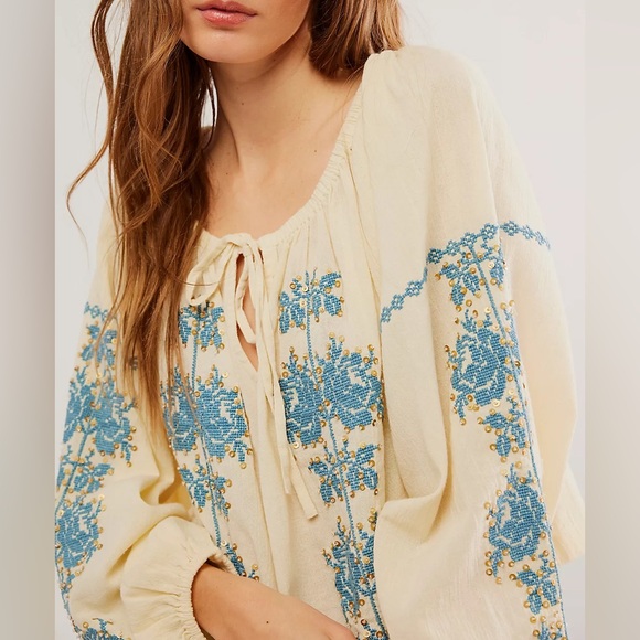 Free People Hayden Sequin Embellished XL Ivory Floral Embroidery On/Off Shoulder - Picture 2 of 7